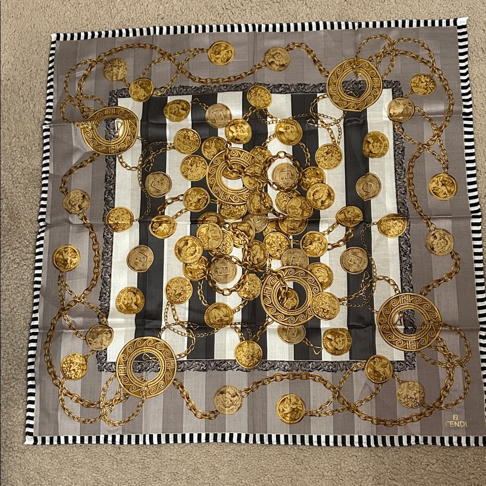 Fendi Striped Scarf with Gold Accents
22.5” x 22”